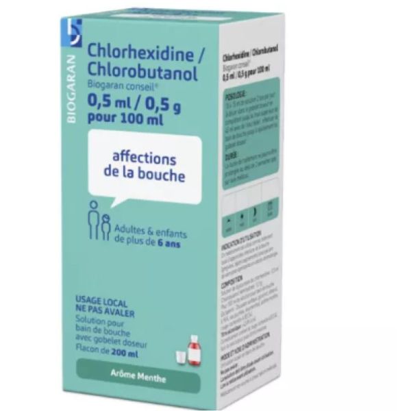 Chlorhexidine 0.5 ml  / Chlorobutanol 0.5 g pour 100ml fl 200ml